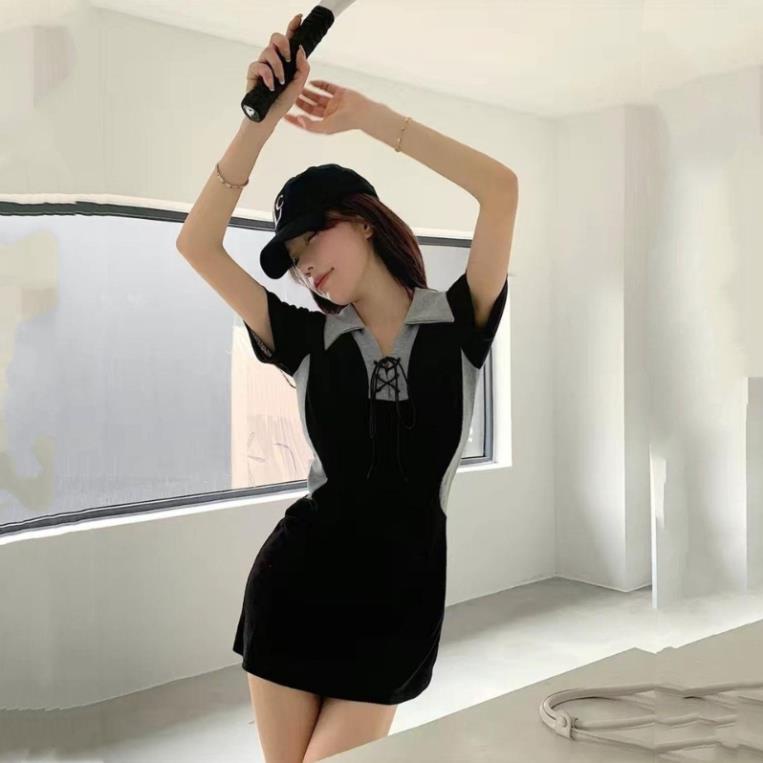 Đầm Body Tay Ngắn Có Cổ Thắt Dây, Váy Đầm Dáng Ngắn Phối Màu Vải Mềm Mịn Phong Cách Cá Tính Đi Chơi Cháy Phố LUMICA D001