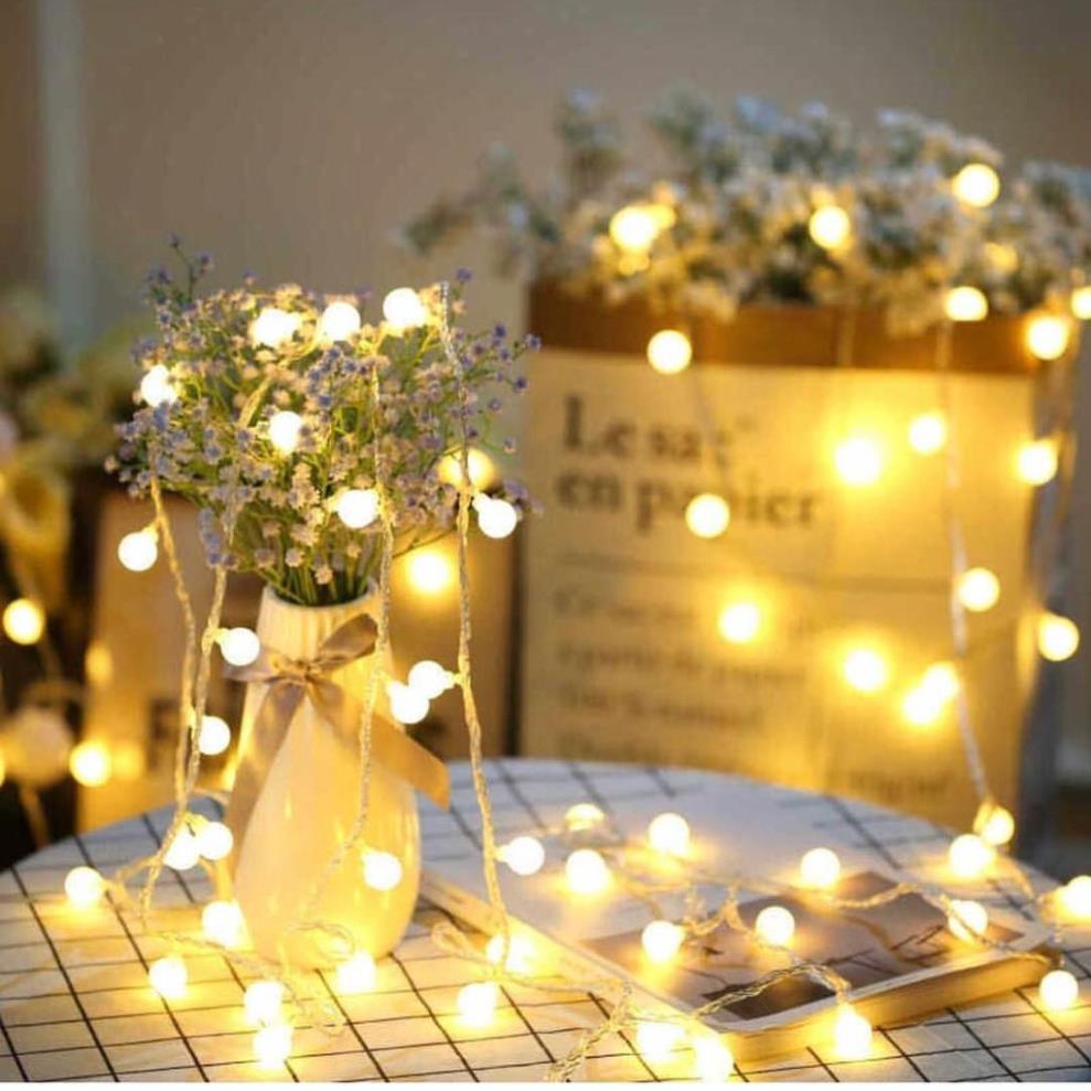 Dây Đèn Led Trang Trí Cherry Ball Bóng Tròn Màu Vàng Nắng Trang Trí Phòng Ngủ, Quán Cà Phê Lung Linh