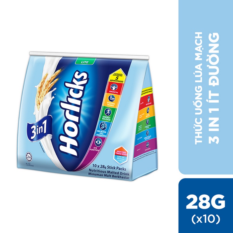 Thức uống lúa mạch 3 trong 1 Horlicks - Ít đường (28g x 10 gói)