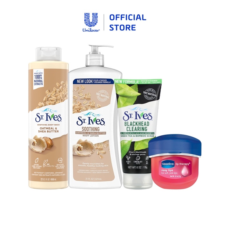 Bộ sữa tắm, dưỡng thể, sữa rửa mặt  St.Ives & sáp dưỡng môi Vaseline (650ml x 621ml x 170g x 7g)