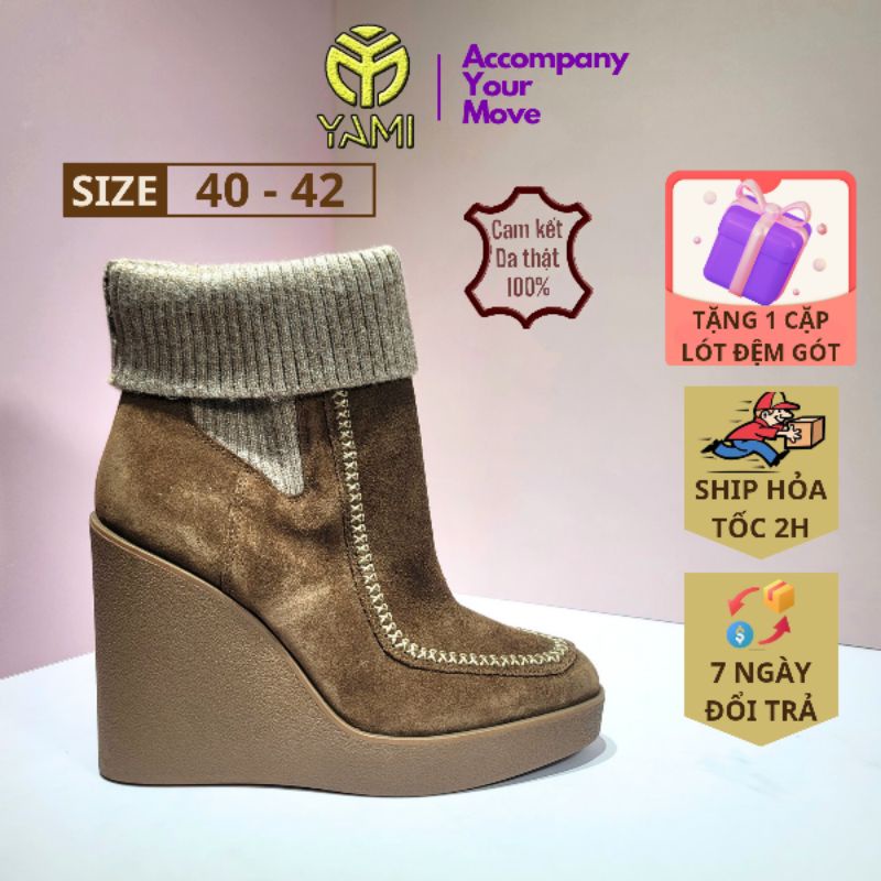 Giày Boot Nữ Big Size, Boot Nữ Đế Xuồng 9 Phân Cổ Lật Da Lộn Màu Nâu Size 40 41 42, Bốt Da Nữ Hàng Hiệu Xuất Dư - YAMI