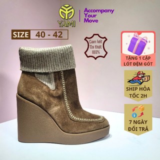Giày boot nữ big size, boot nữ đế xuồng 9 phân cổ lật da lộn màu nâu size 40 41 42, bốt da nữ hàng hiệu xuất dư - yami
