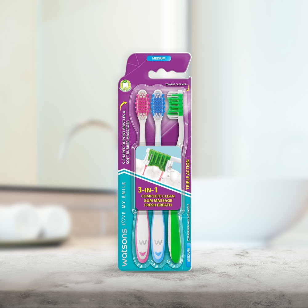 Bàn Chải Đánh Răng Watsons Triple Action Toothbrush (Medium) 3s