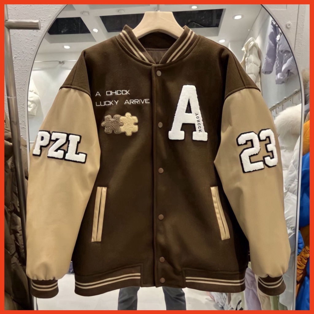 Áo Bomber Nỉ Unisex A23 Tay Phối Màu Dáng Rộng Tay Bo - Áo Khoác Màu Nâu Thêu Chữ G0319