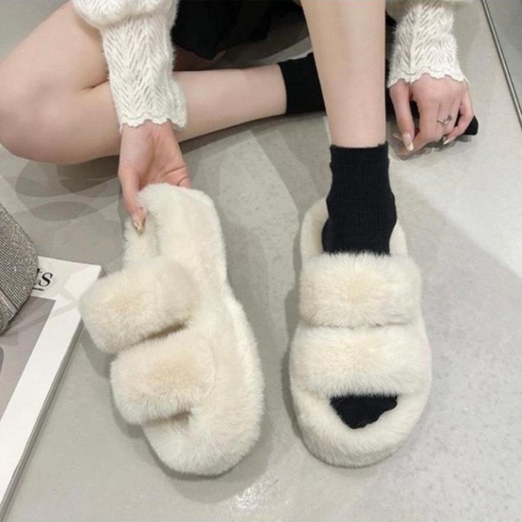Dép lông đi trong nhà, dép bông nữ thời trang thu đông mới đế cao su độn 4cm - DÉP THU ĐÔNG