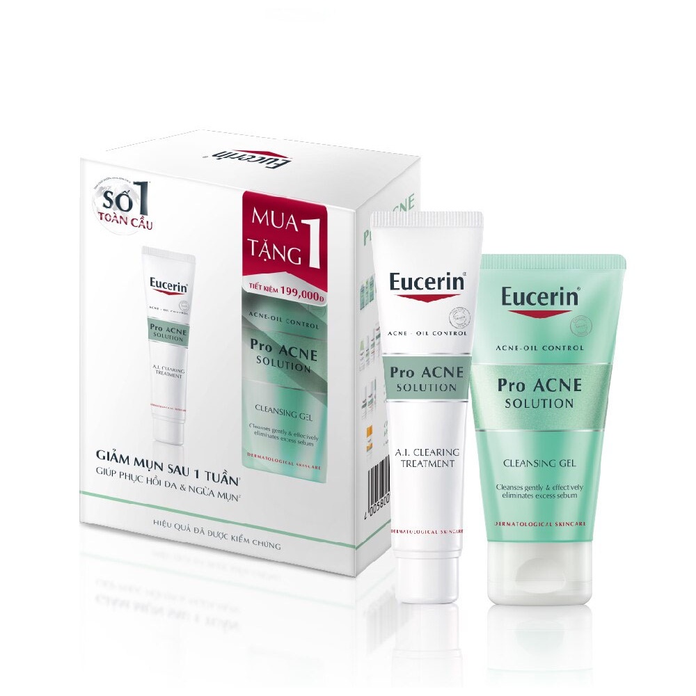 Combo Eucerin Pro Acne Phục Hồi & Ngừa Mụn (Gel Giảm Mụn AI Treatment 40ml + Gel Rửa Mặt 75ml)