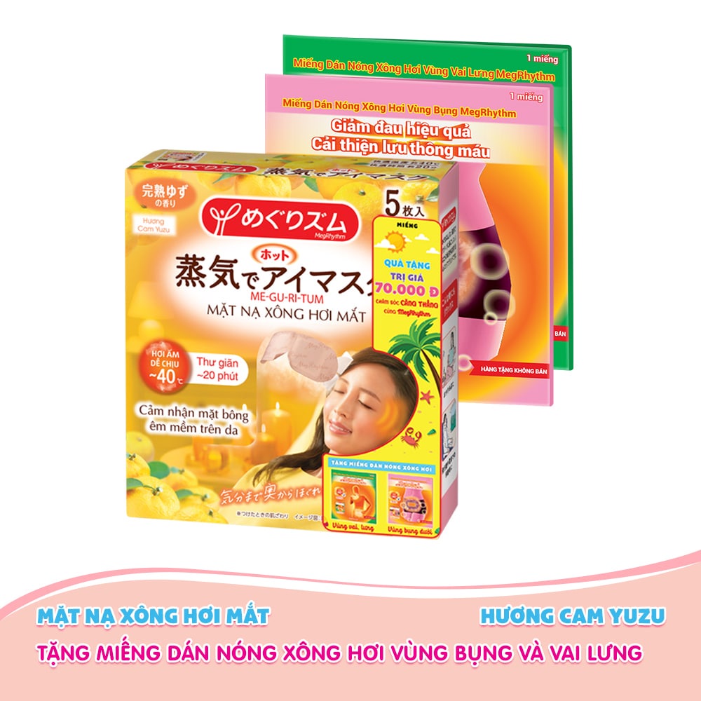 Mặt Nạ Xông Hơi Mắt Megrhythm Cam Yuzu Hộp 5 Miếng + Dán Nóng Vai Lưng 1M + Dán Nóng Bụng 1M