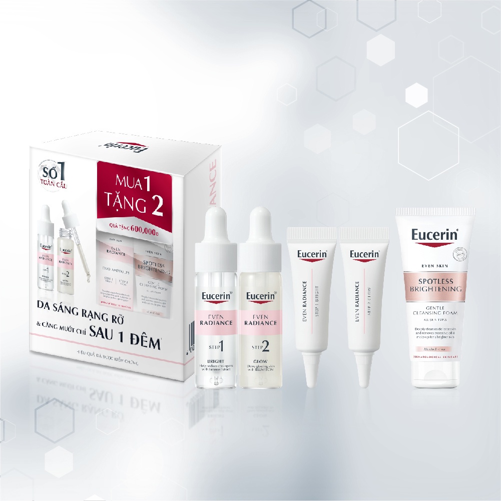 Combo Eucerin Da Sáng Rạng Rỡ(Duo Ampoules 2x15ml Tặng Duo Ampoules 2x5ml+Gentle Cleansing Foam 50g)