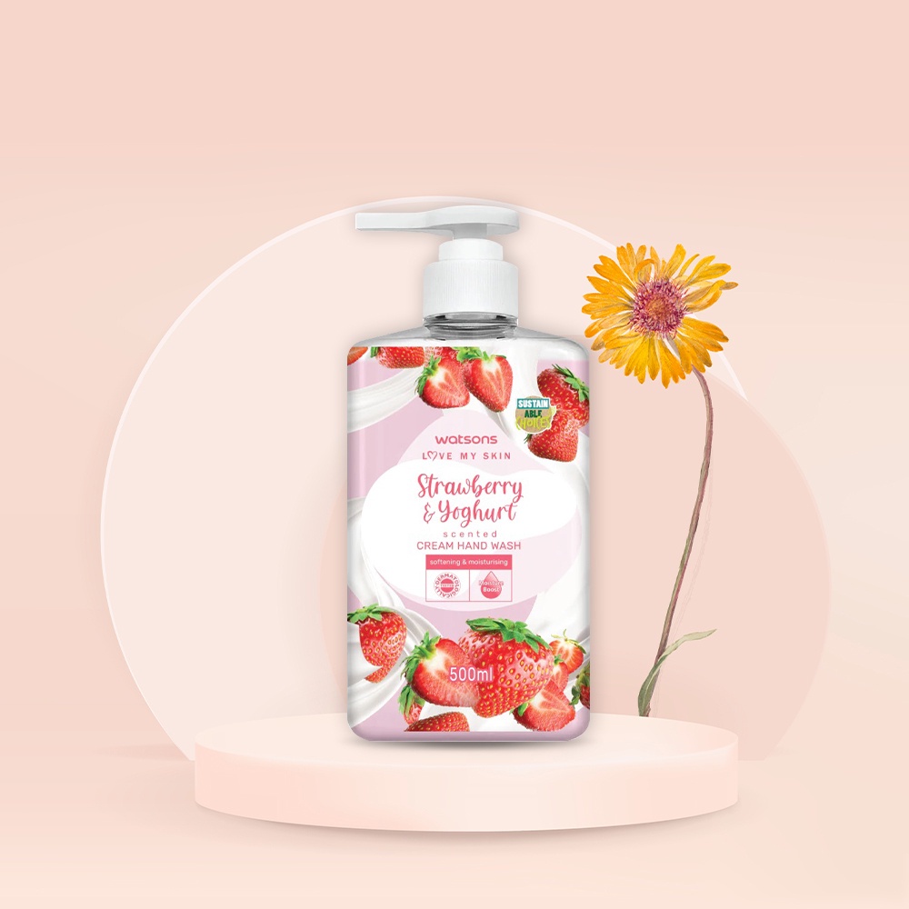 Kem Rửa Tay Watsons Love My Skin Strawberry Yoghurt Scented Cream Hand Wash 500ml
