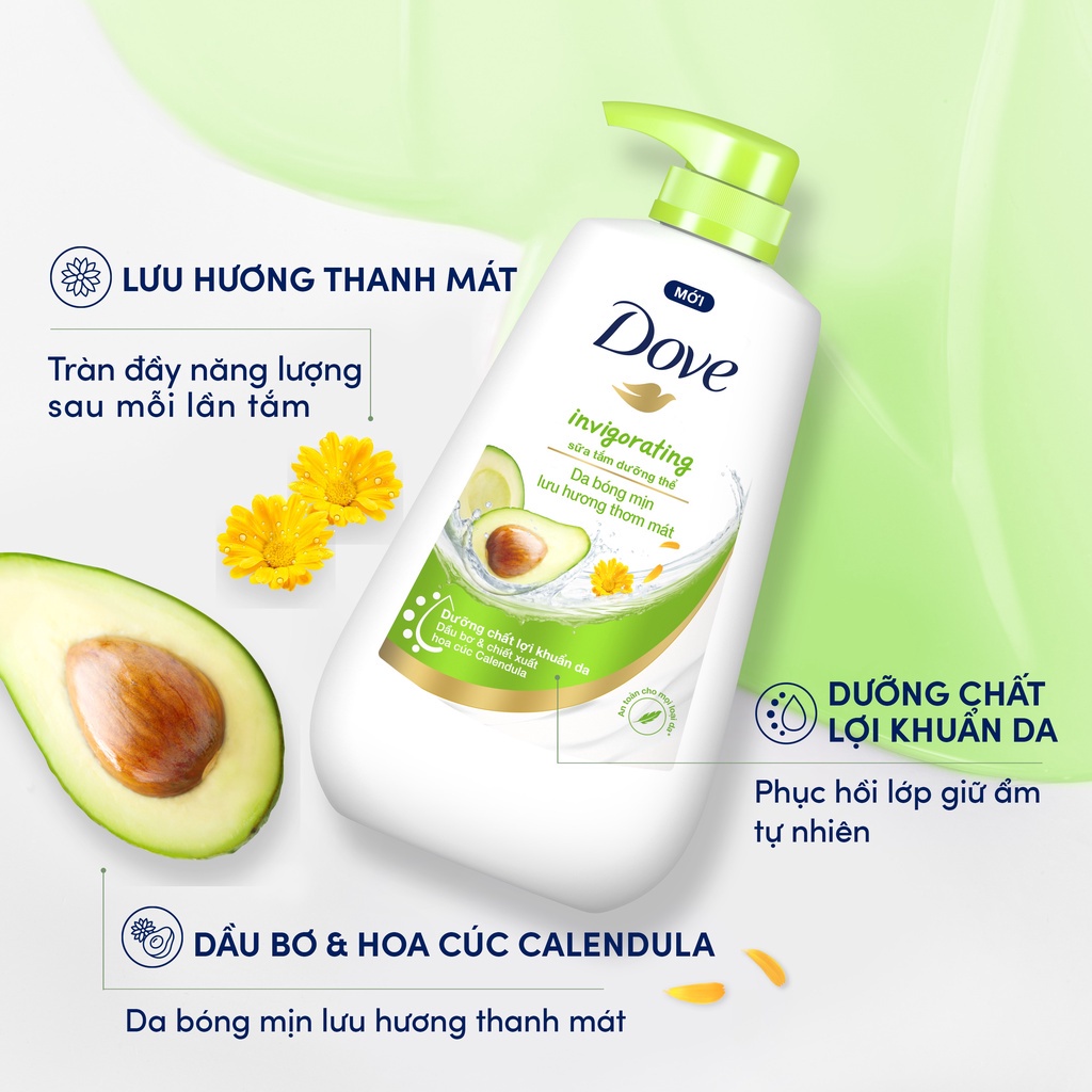 Sữa Tắm Dove Dưỡng Thể Invigorating Lưu Hương Thơm Mát Chiết Xuất Bơ & Hoa Cúc 500g