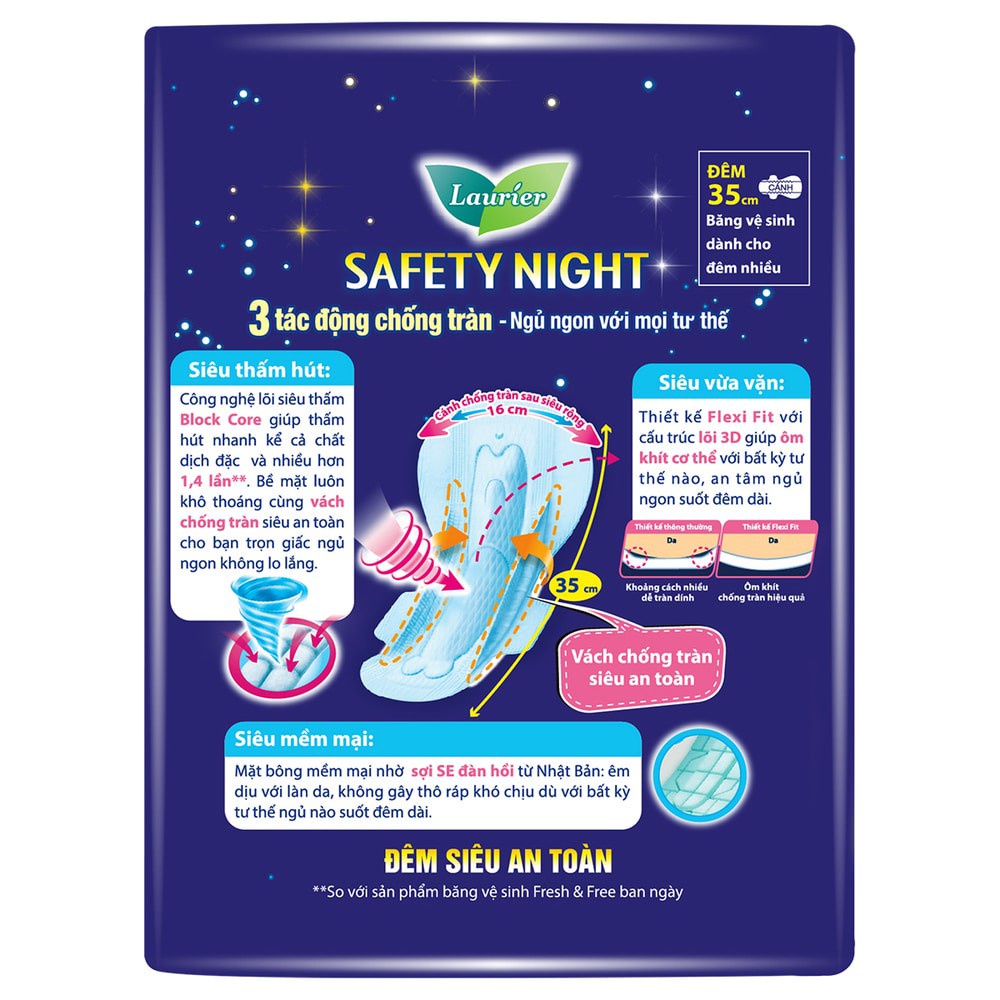 Băng Vệ Sinh Laurier Safety Night Tác Động Chống Tràn 35cm 8 Miếng