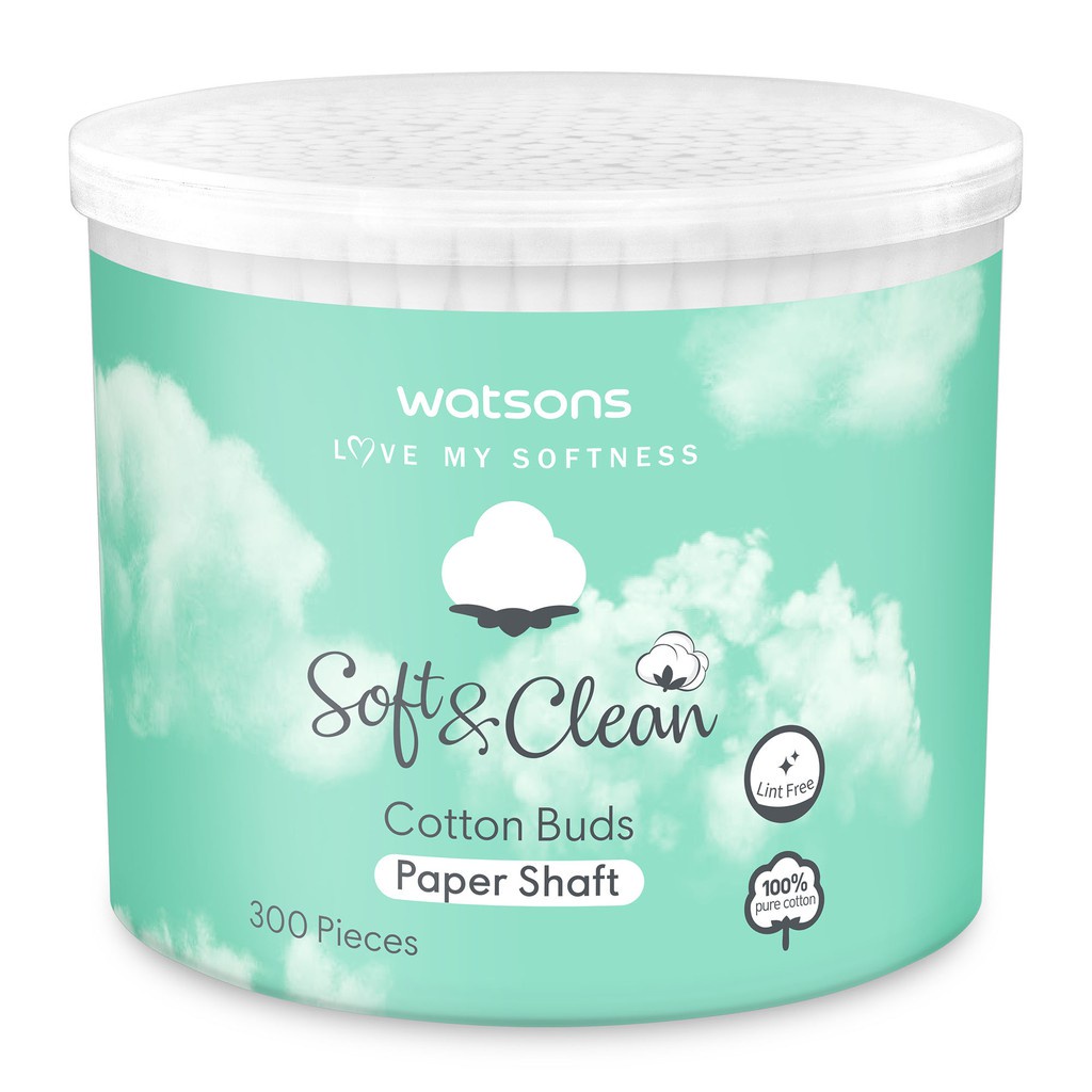 Bông Tăm Watsons Love My Softness Soft & Clean Cotton Buds Paper Shaft Dạng Hộp 300 Cây