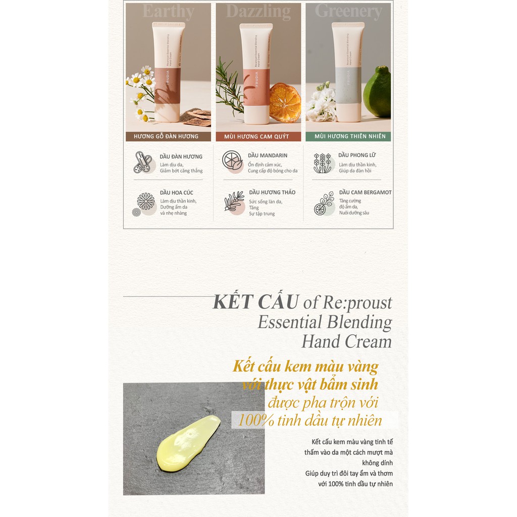 Kem Dưỡng Tay Frudia Re:proust Essential Blending Earthy Từ Dầu Đàn Hương & Dầu Hoa Cúc 50g