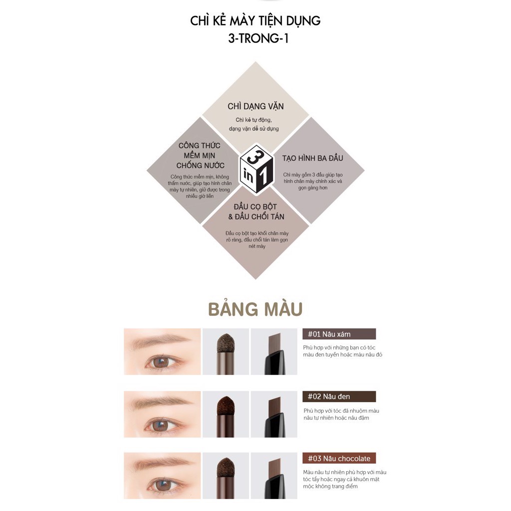 Chì Mày Định Hình BOM 3in1 Triple Edge Eyebrow 0.2g - 01 Gray Brown