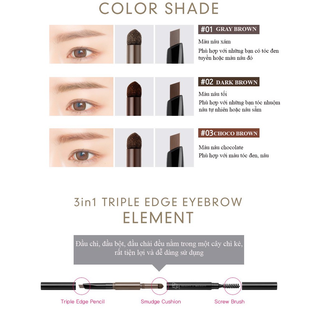 Chì Mày Định Hình BOM 3in1 Triple Edge Eyebrow 0.2g - 01 Gray Brown