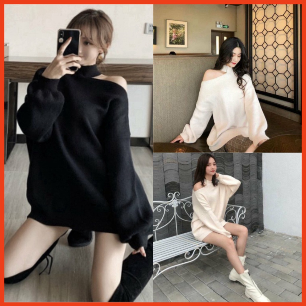 Áo Nỉ Nữ Khoét Vai Dài Tay 2 Màu dưới 62kg - Dáng Trùm Mông Cá Tính G0114