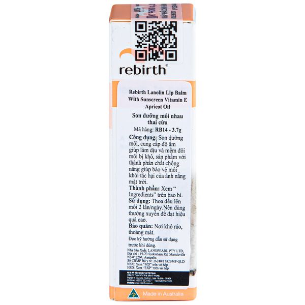 Son Dưỡng Môi Rebirth Lanolin Lip Balm Vitamin E & Apricot Oil RB14 Chiết Xuất Nhau Thai Cừu Ngừa Khô Nứt Nẻ 3,7Gr