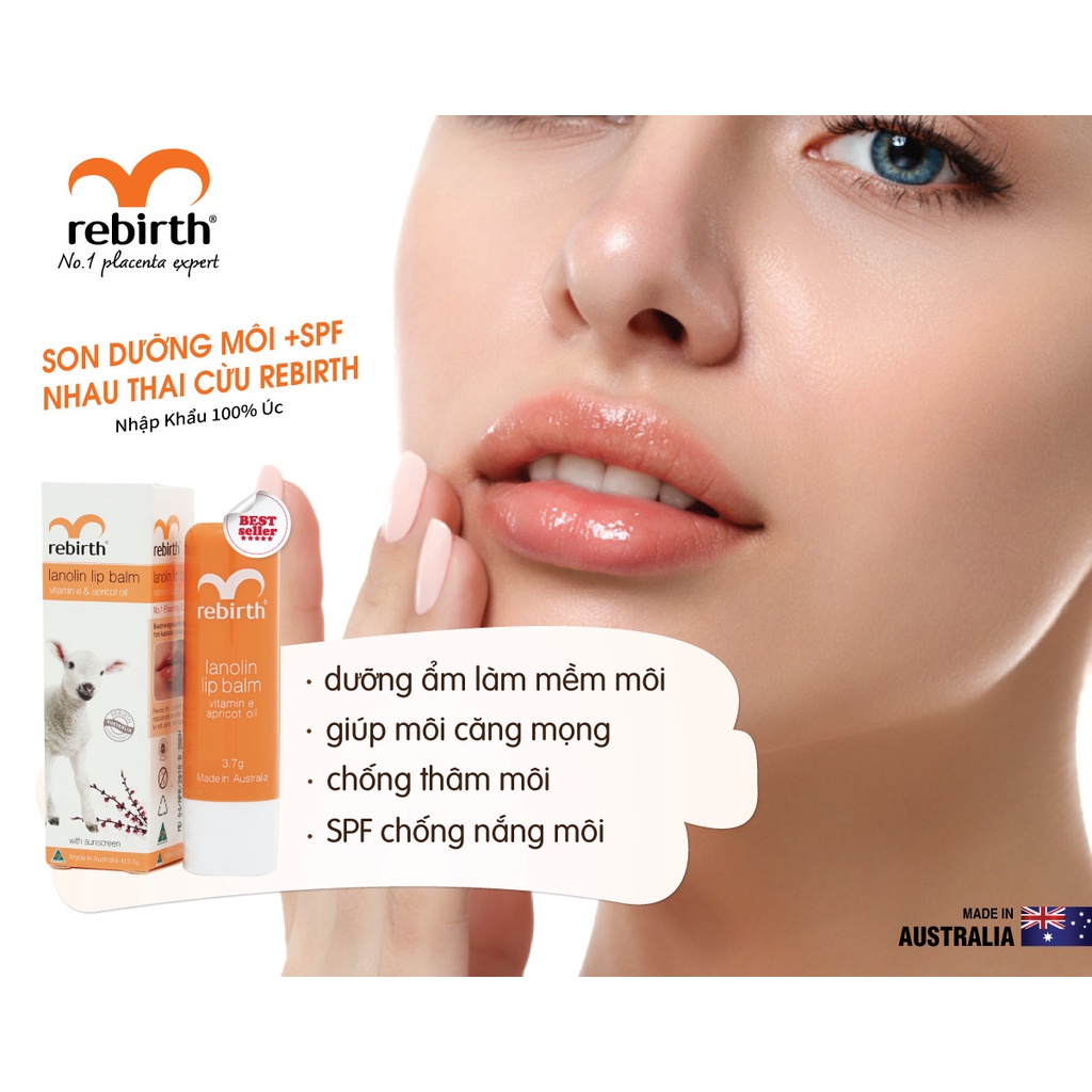 Son Dưỡng Môi Rebirth Lanolin Lip Balm Vitamin E & Apricot Oil RB14 Chiết Xuất Nhau Thai Cừu Ngừa Khô Nứt Nẻ 3,7Gr