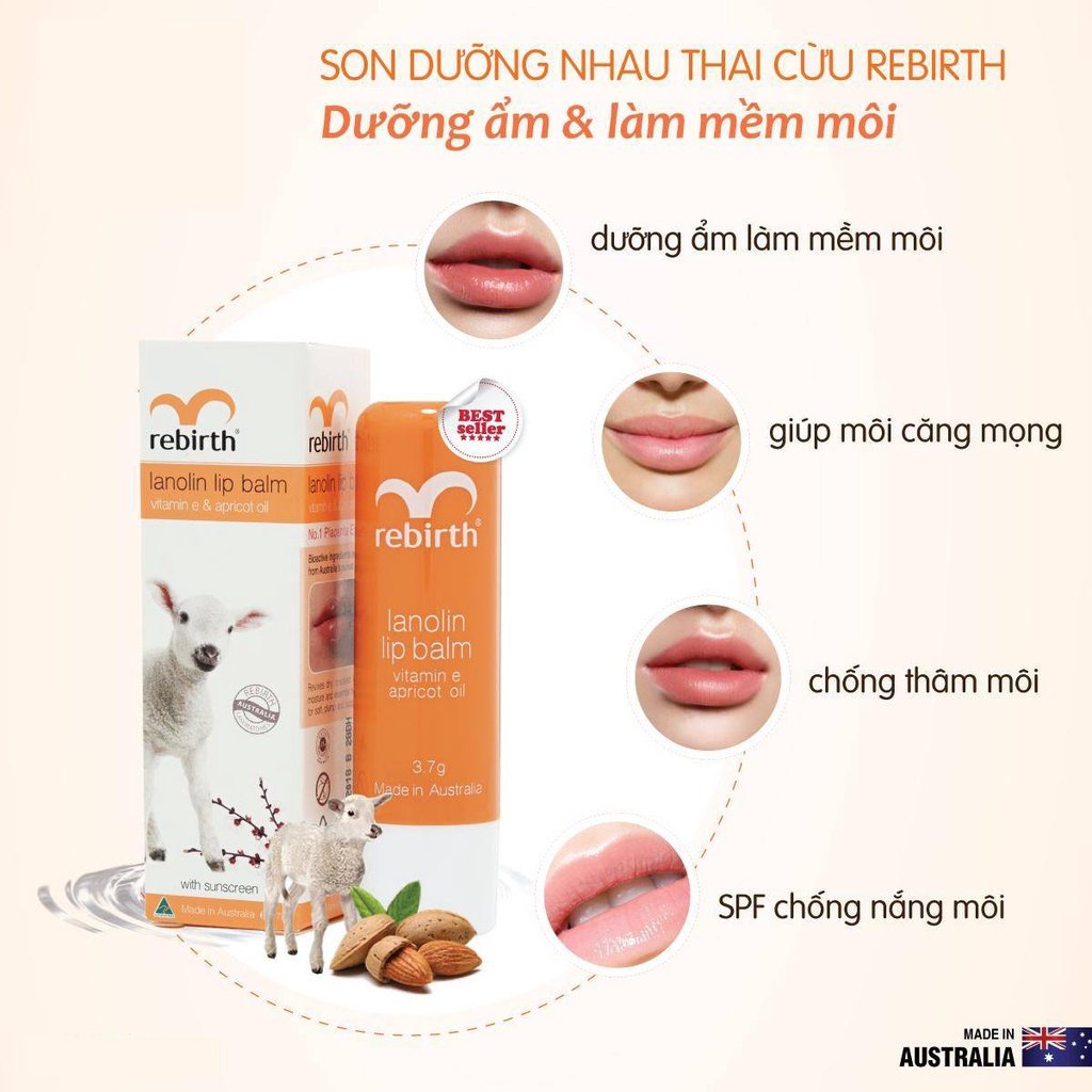 Son Dưỡng Môi Rebirth Lanolin Lip Balm Vitamin E & Apricot Oil RB14 Chiết Xuất Nhau Thai Cừu Ngừa Khô Nứt Nẻ 3,7Gr