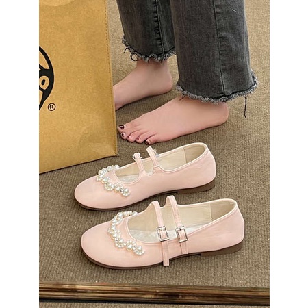 Giày Búp Bê mary jane Đế Bằng Đính Ngọc Trai Giả Dễ Thương
