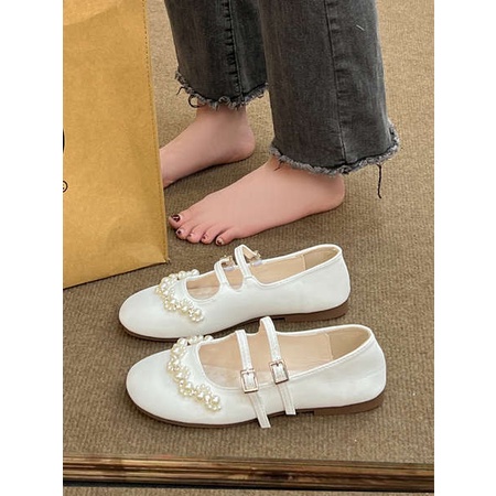 Giày Búp Bê mary jane Đế Bằng Đính Ngọc Trai Giả Dễ Thương