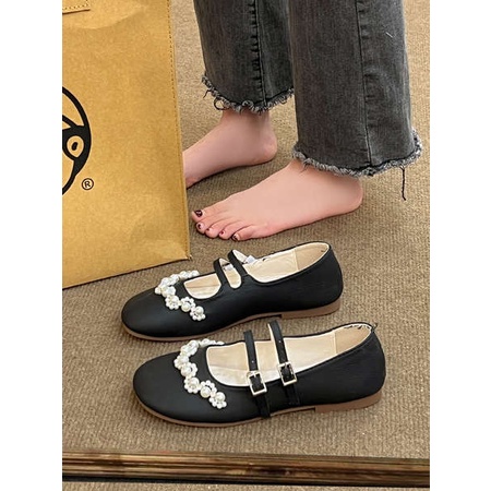 Giày Búp Bê mary jane Đế Bằng Đính Ngọc Trai Giả Dễ Thương