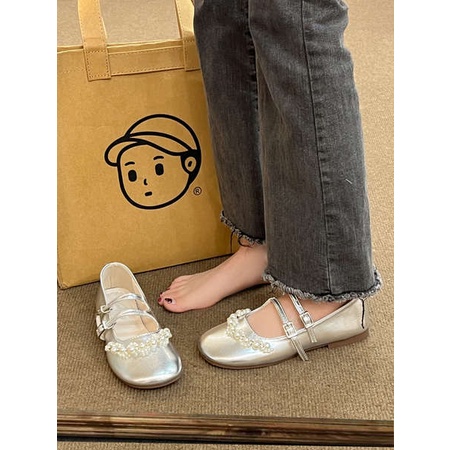 Giày Búp Bê mary jane Đế Bằng Đính Ngọc Trai Giả Dễ Thương