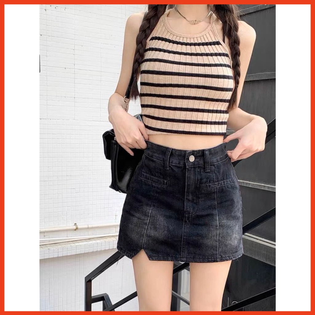 Chân Váy Jeans Nữ Chữ A Túi Trước Full Size - Váy Bò Nữ Trơn Cạp Cao 2 Màu V044