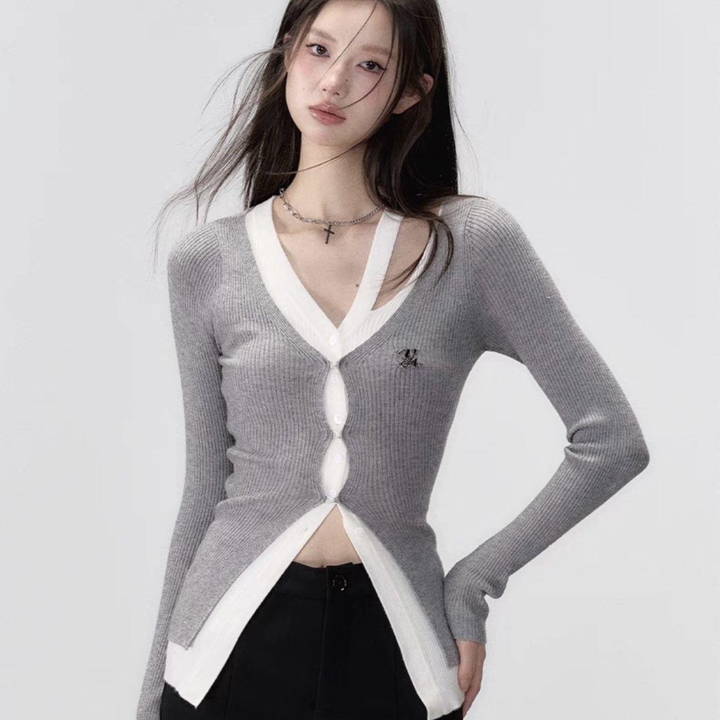 Áo Khoác cardigan Dệt Kim Tay Dài Giả Hai Lớp Màu Sắc Tương Phản Thời Trang Mùa Thu Cho Nữ