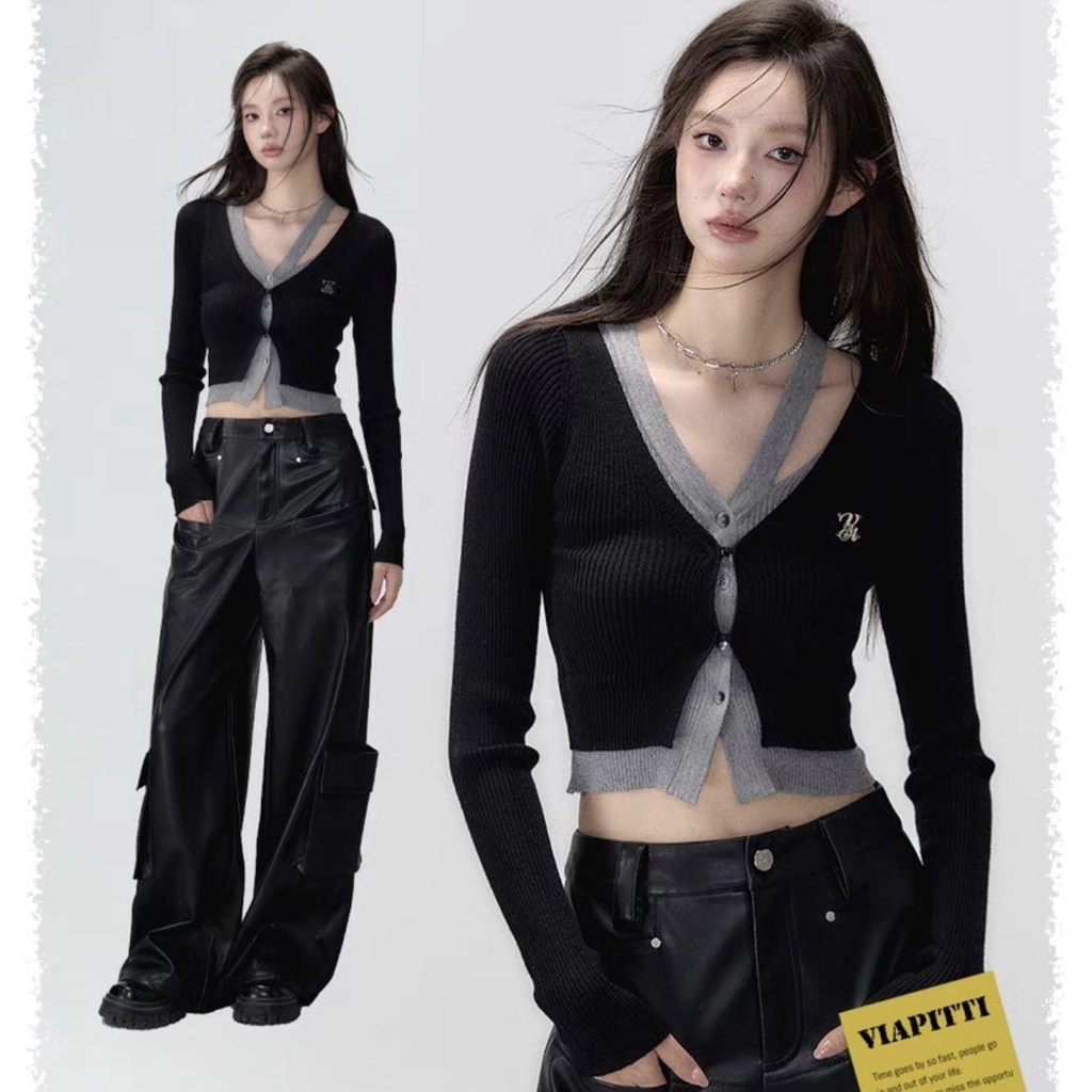 Áo Khoác cardigan Dệt Kim Tay Dài Giả Hai Lớp Màu Sắc Tương Phản Thời Trang Mùa Thu Cho Nữ