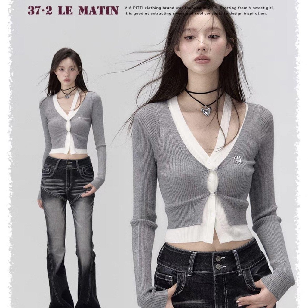 Áo Khoác cardigan Dệt Kim Tay Dài Giả Hai Lớp Màu Sắc Tương Phản Thời Trang Mùa Thu Cho Nữ