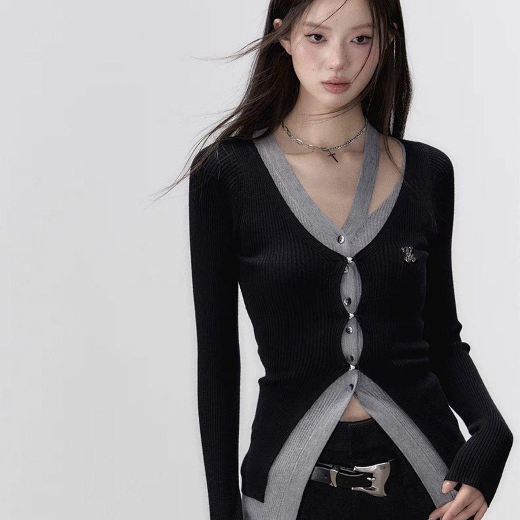 Áo Khoác cardigan Dệt Kim Tay Dài Giả Hai Lớp Màu Sắc Tương Phản Thời Trang Mùa Thu Cho Nữ