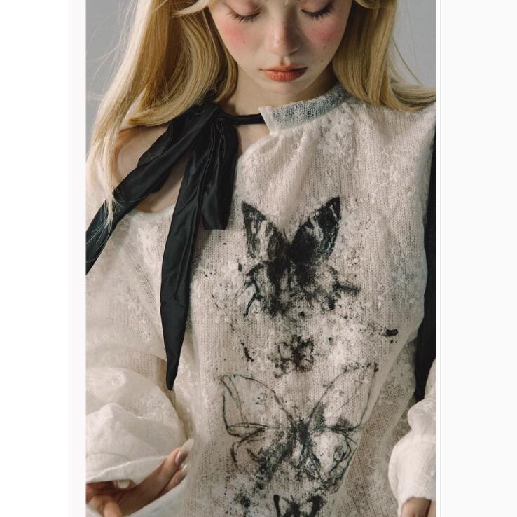 Áo Sweater Lưới Xuyên Thấu Thêu Hình Bướm Phong Cách retro