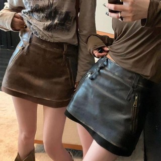 Chân váy chữ a chất liệu da pu bóng phong cách retro cho nữ