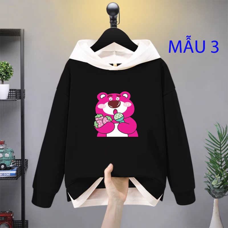 Áo hoodie phối mũ gấu dâu 3082 cho bé gái phom rộng chất nỉ size từ 9 đến 65kg