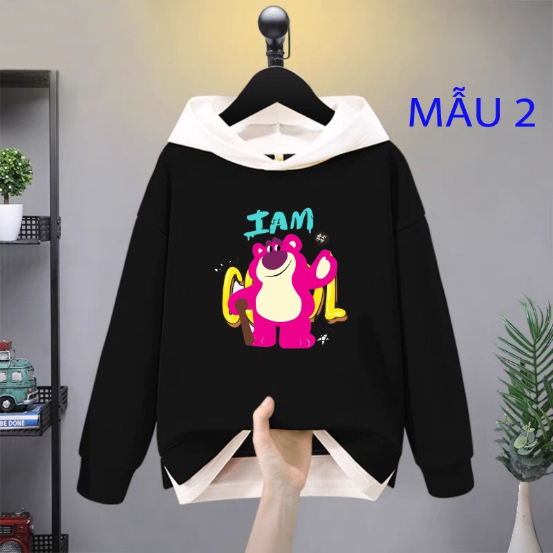 Áo hoodie phối mũ gấu dâu 3082 cho bé gái phom rộng chất nỉ size từ 9 đến 65kg