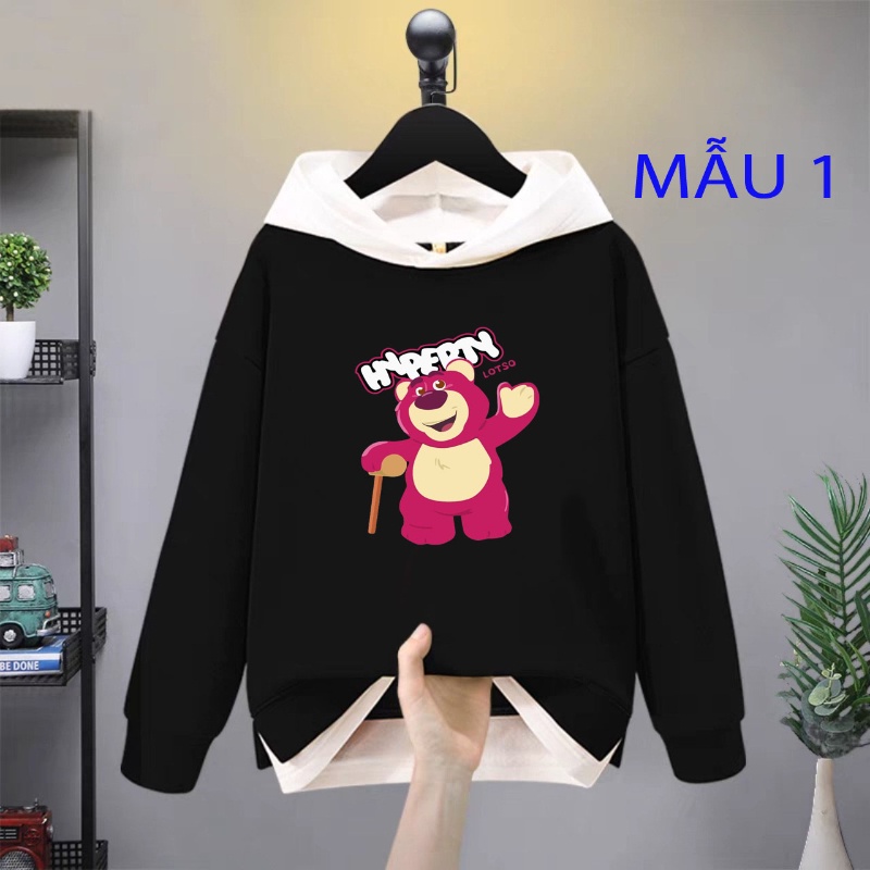 Áo hoodie phối mũ gấu dâu 3082 cho bé gái phom rộng chất nỉ size từ 9 đến 65kg