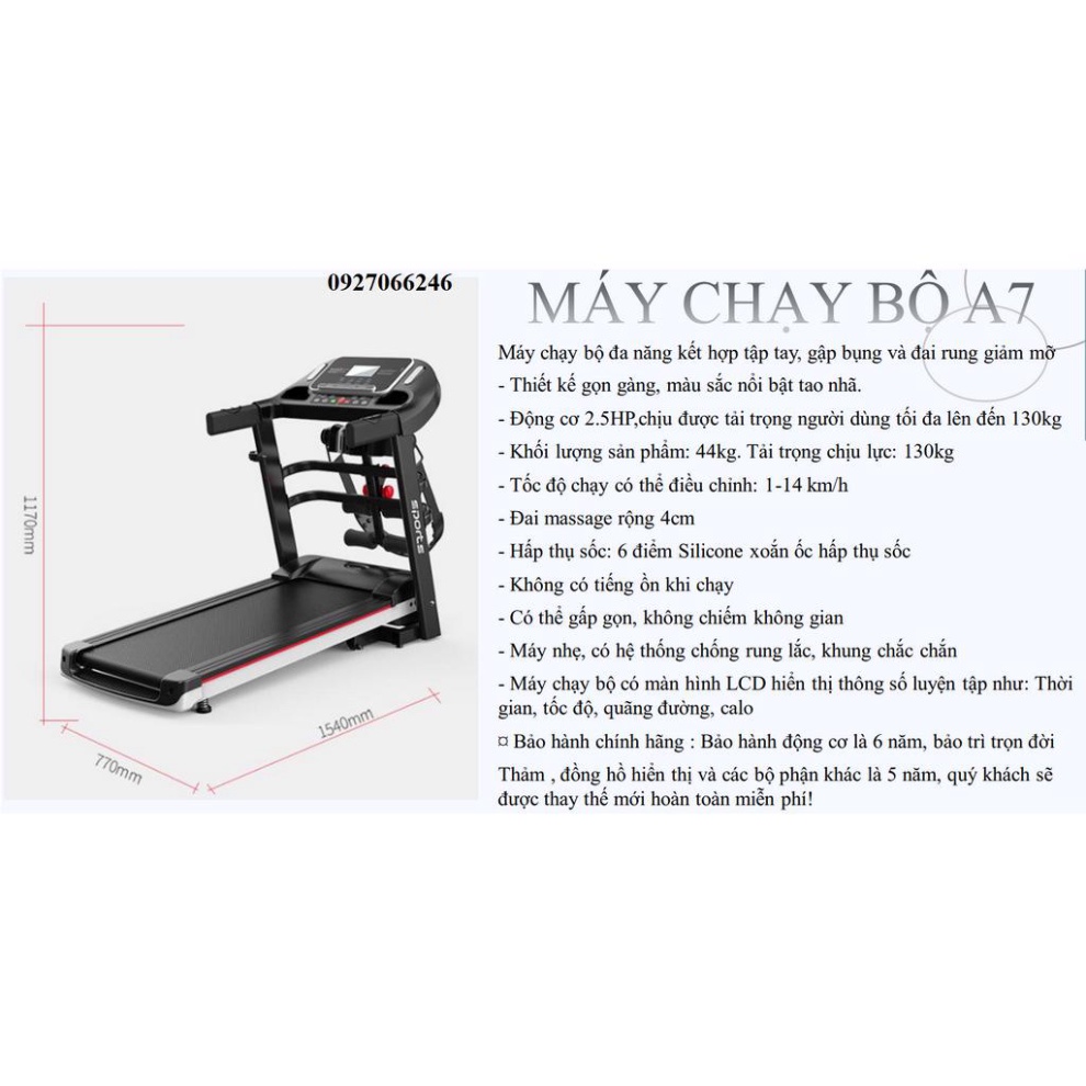 Máy chạy bộ điện đa năng SPORT  A7, tích hợp máy rung, gập bụng cao cấp bảo hành 5 năm