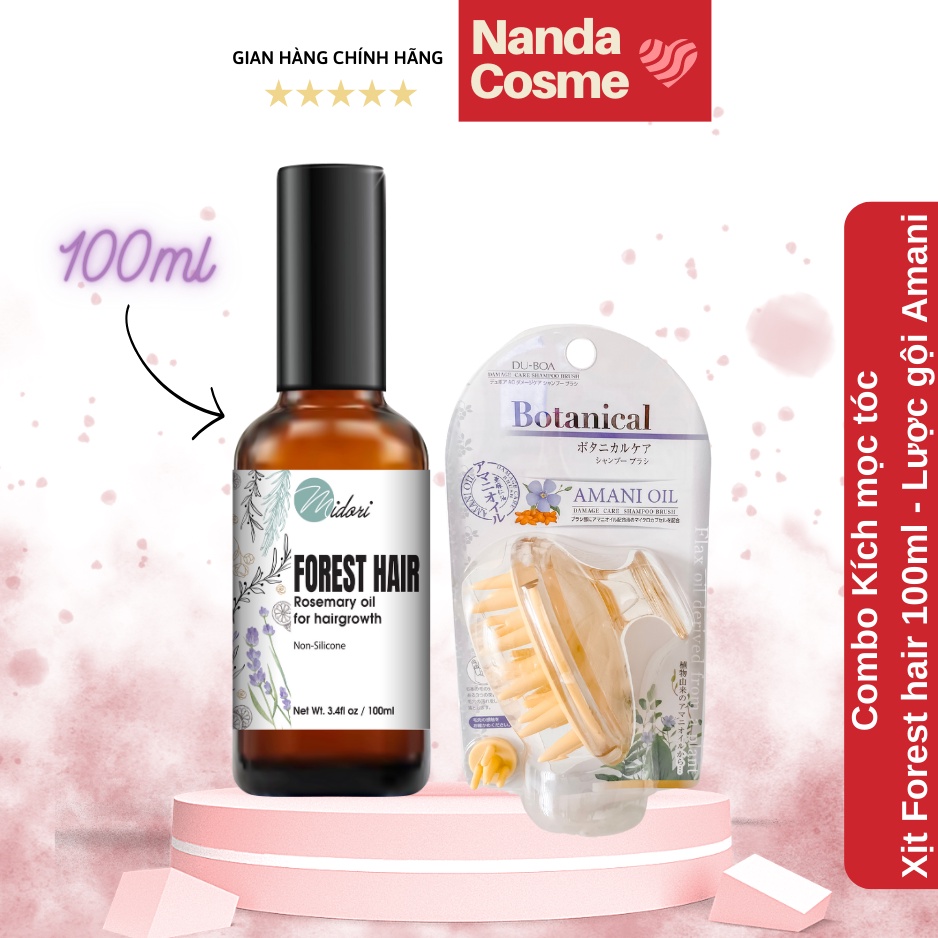 Combo Lược mát xa da đầu Amani và Xịt dưỡng Forest Hair giúp lưu thông tuần hoàn máu, kích thích mọc tóc