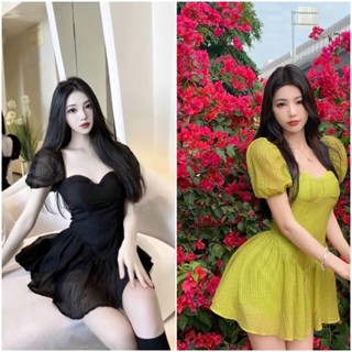 Đầm nữ cup ngực dáng xoè, jumsuit giả váy lót quần xanh cốm