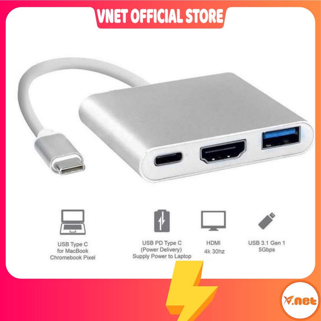 Hub chuyển đổi USB Type C 3 IN 1 ra HDMI, USB 3.0 Type C ADOO
