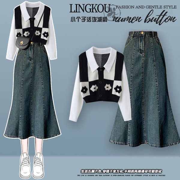Bộ Áo Giả Hai Mảnh Phối Chân Váy denim Cỡ Lớn Thời Trang Mùa Thu Cho Nữ