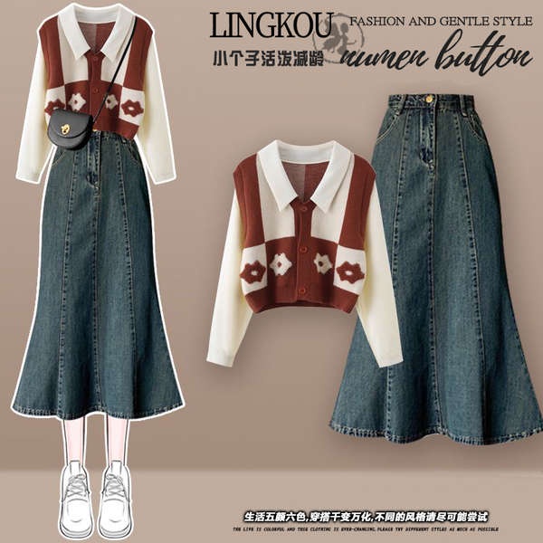 Bộ Áo Giả Hai Mảnh Phối Chân Váy denim Cỡ Lớn Thời Trang Mùa Thu Cho Nữ