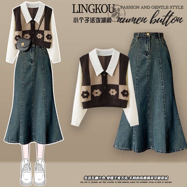 Bộ Áo Giả Hai Mảnh Phối Chân Váy denim Cỡ Lớn Thời Trang Mùa Thu Cho Nữ
