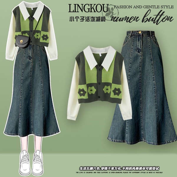 Bộ Áo Giả Hai Mảnh Phối Chân Váy denim Cỡ Lớn Thời Trang Mùa Thu Cho Nữ