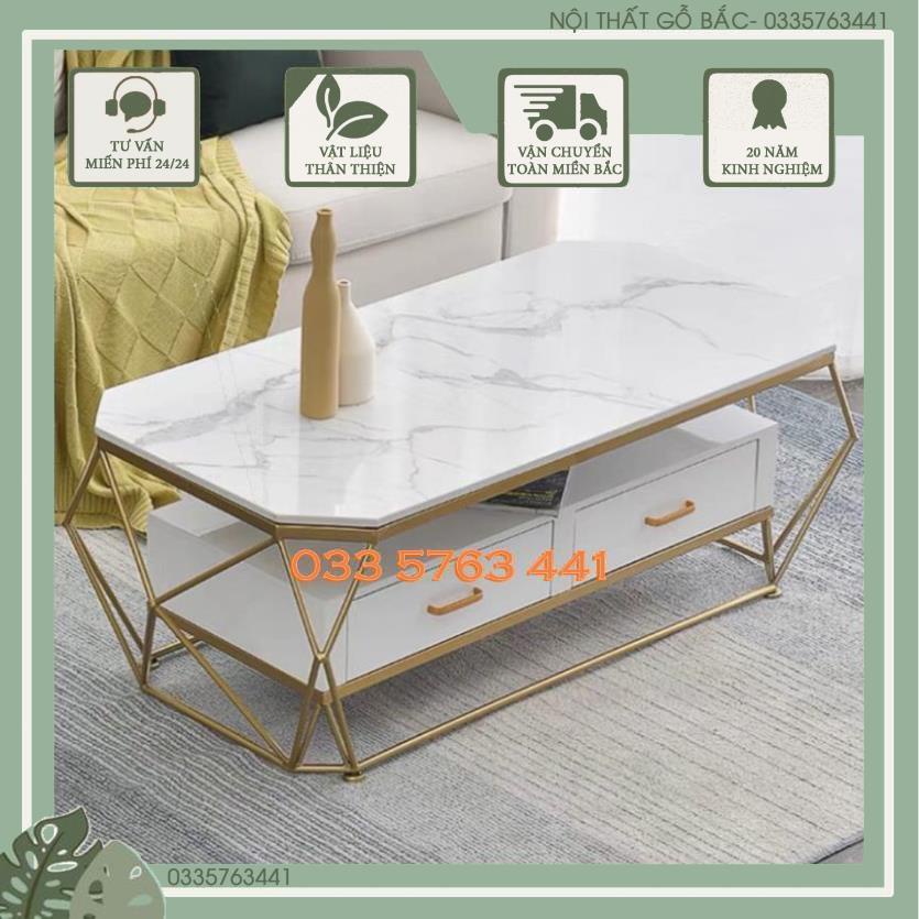 Bàn trà sofa kiểu dáng kim cương có ngăn kéo, khung sắt sơn tĩnh điện kèm mặt đá sang trọng