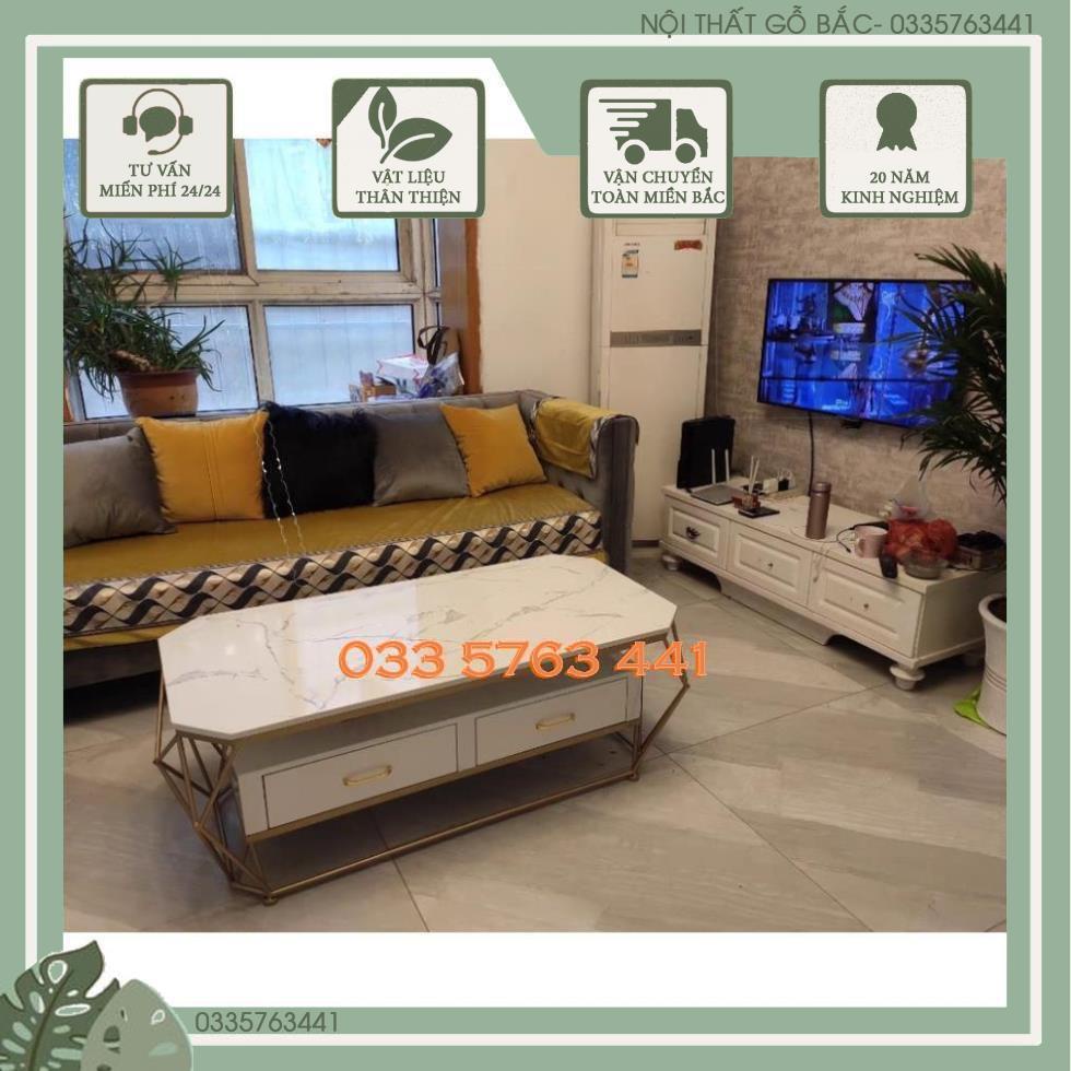 Bàn trà sofa kiểu dáng kim cương có ngăn kéo, khung sắt sơn tĩnh điện kèm mặt đá sang trọng