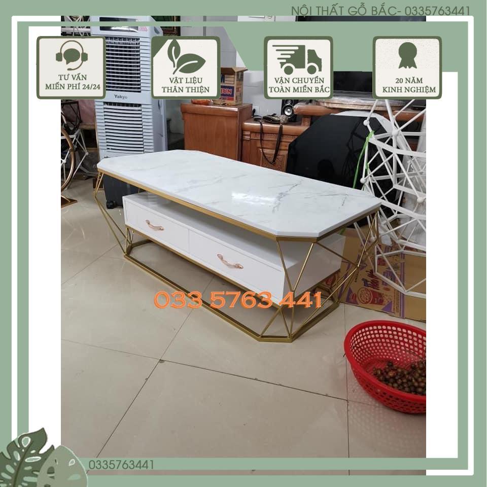 Bàn trà sofa kiểu dáng kim cương có ngăn kéo, khung sắt sơn tĩnh điện kèm mặt đá sang trọng