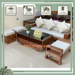 Ghế sofa gỗ sồi tự nhiên kiểu dáng sang trọng, hiện đại ghế dài 2m3 kèm bàn bom và đôn di động