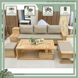 Bàn ghế sofa đẹp gỗ sồi nga 100% kiểu dáng nhỏ gọn kích thước ghế dài 2m3 kèm bàn và đôn ngồi